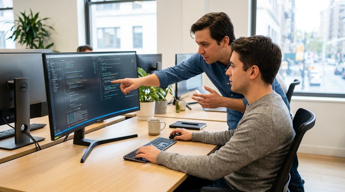 Two security engineers in an office environment collaborating over a piece of code displayed on a computer monitor.