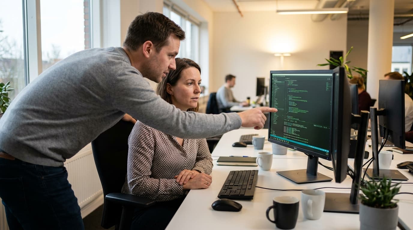 Two security engineers in an office environment collaborating over a piece of code displayed on a computer monitor.