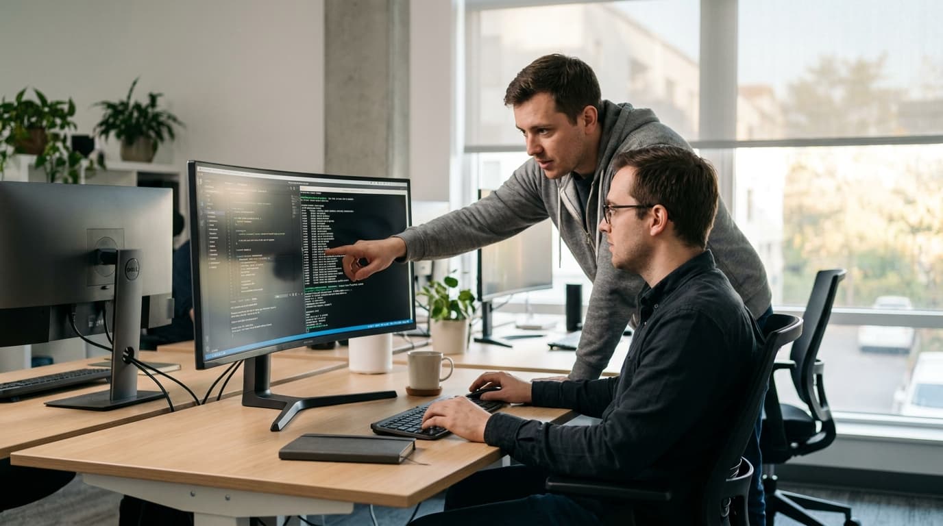 Two security engineers in an office environment collaborating over a piece of code displayed on a computer monitor.