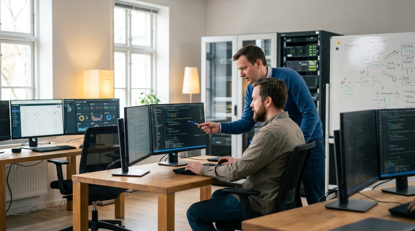 Two security engineers in an office environment collaborating over a piece of code displayed on a computer monitor.