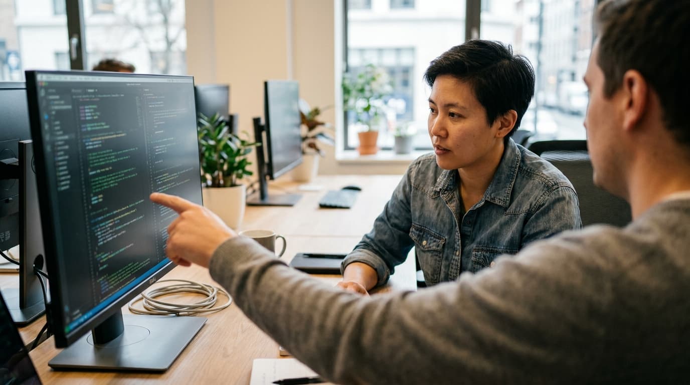 Two security engineers in an office environment collaborating over a piece of code displayed on a computer monitor.