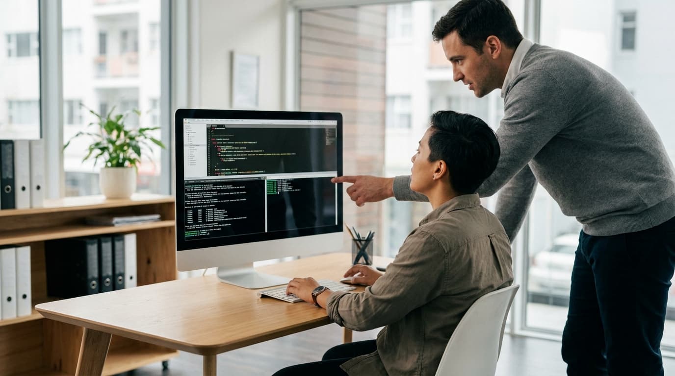Two security engineers in an office environment collaborating over a piece of code displayed on a computer monitor.