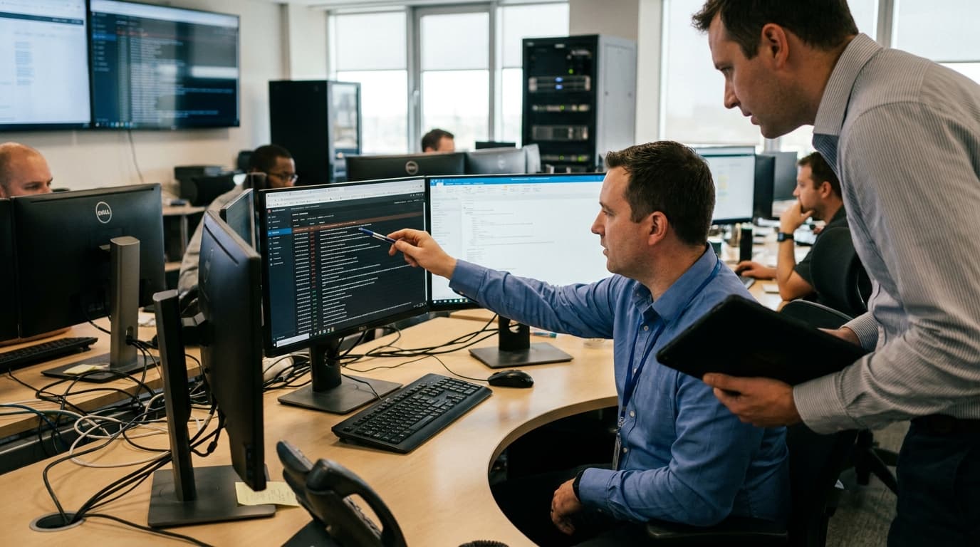 Two security professionals in an operations center analyze data on a large screen, discussing a security alert.