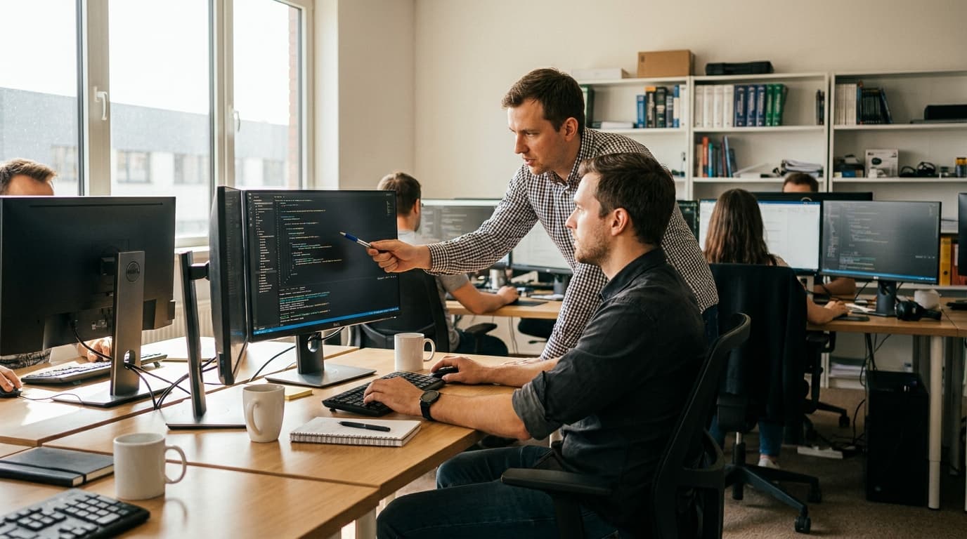Two security engineers in an office environment collaborating over a piece of code displayed on a computer monitor.