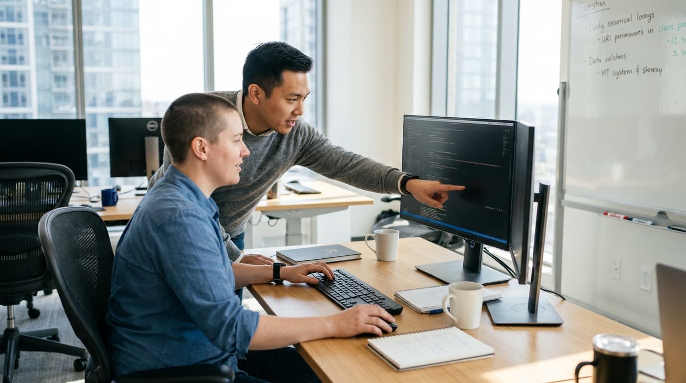 Two security engineers in an office environment collaborating over a piece of code displayed on a computer monitor.