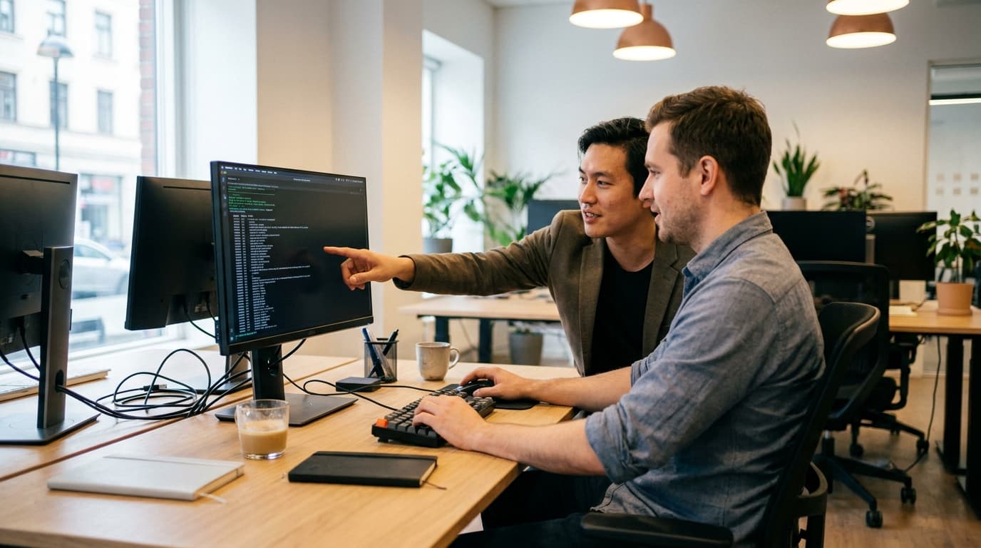 Two security engineers in an office environment collaborating over a piece of code displayed on a computer monitor.