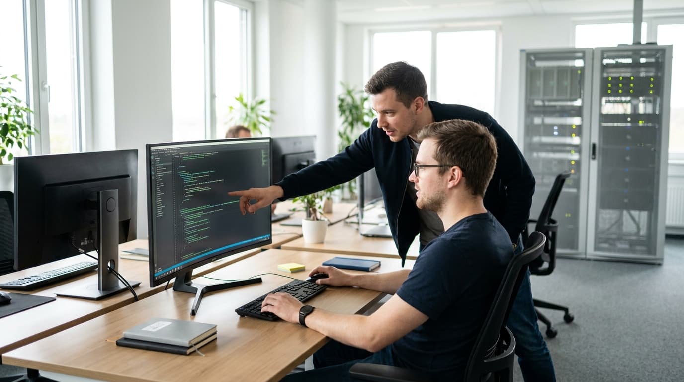 Two security engineers in an office environment collaborating over a piece of code displayed on a computer monitor.