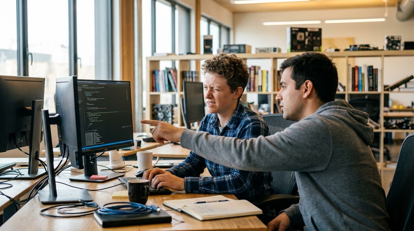 Two security engineers in an office environment collaborating over a piece of code displayed on a computer monitor.