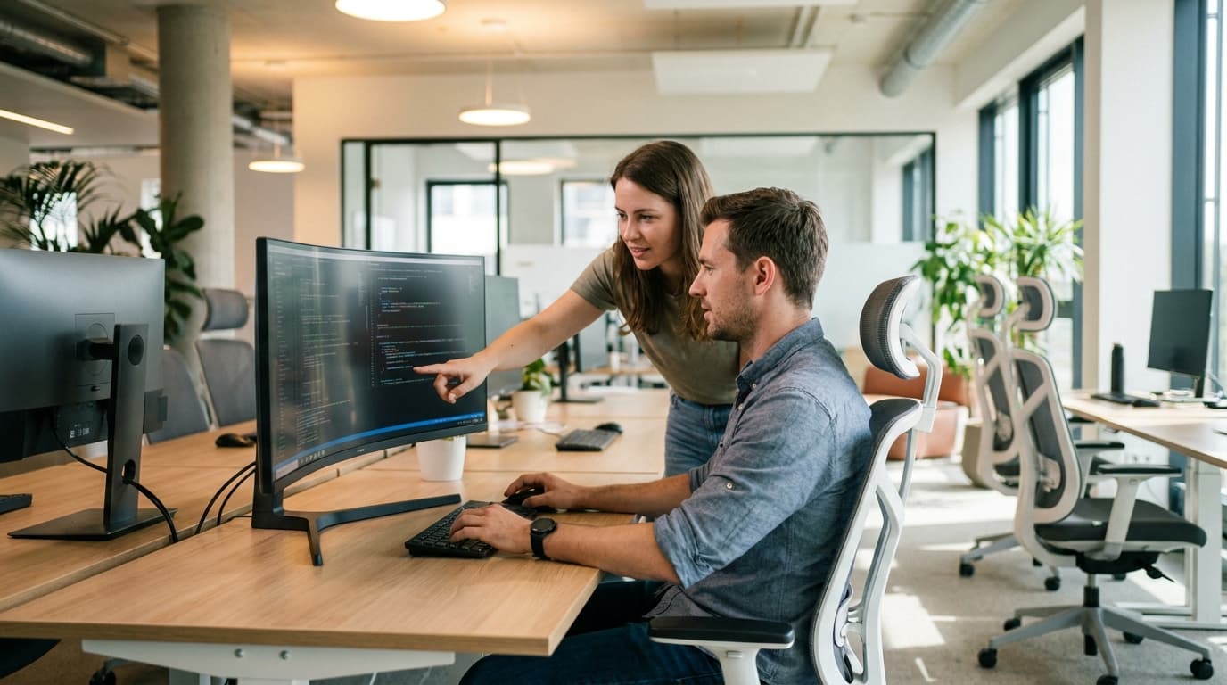 Two security engineers in an office environment collaborating over a piece of code displayed on a computer monitor.