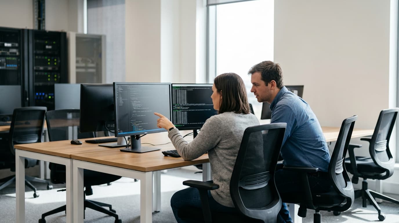Two security engineers in an office environment collaborating over a piece of code displayed on a computer monitor.