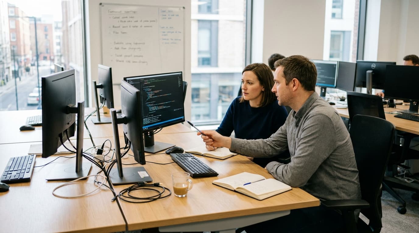 Two security engineers in an office environment collaborating over a piece of code displayed on a computer monitor.