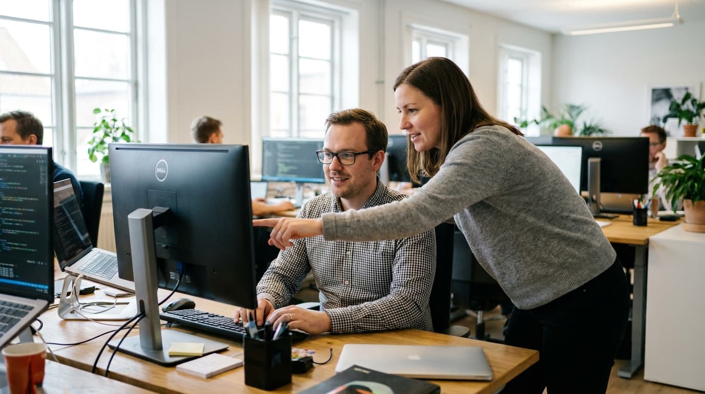 Two security engineers in an office environment collaborating over a piece of code displayed on a computer monitor.