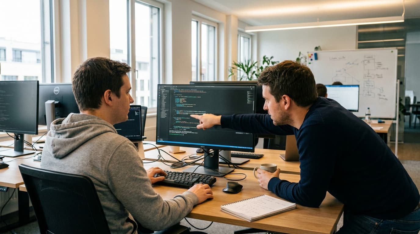 Two security engineers in an office environment collaborating over a piece of code displayed on a computer monitor.