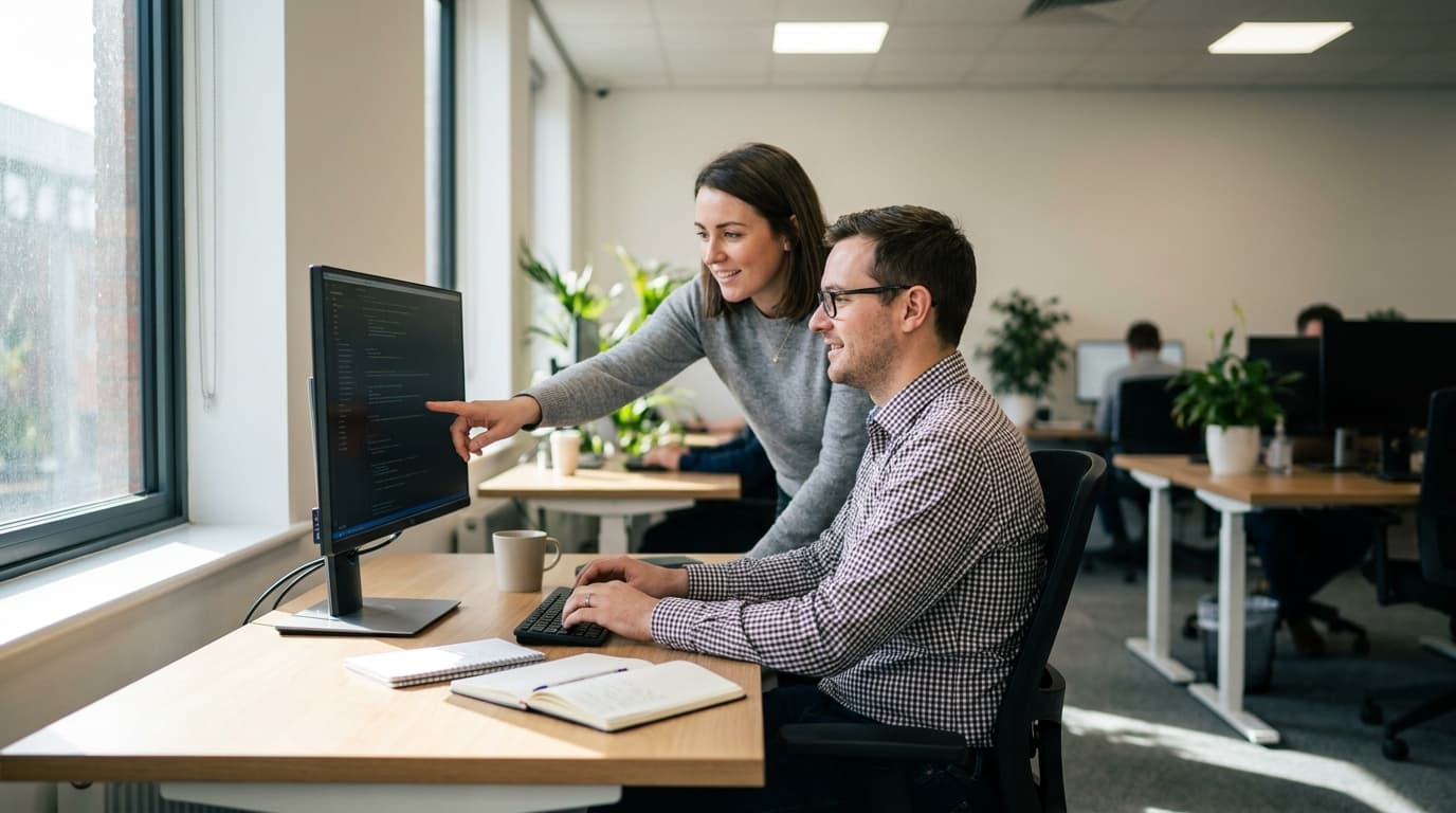 Two security engineers in an office environment collaborating over a piece of code displayed on a computer monitor.