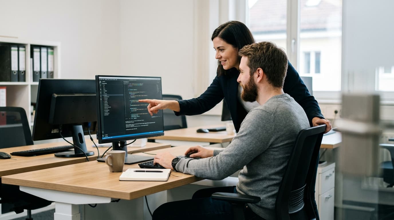 Two security engineers in an office environment collaborating over a piece of code displayed on a computer monitor.