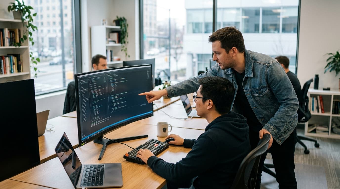 Two security engineers in an office environment collaborating over a piece of code displayed on a computer monitor.