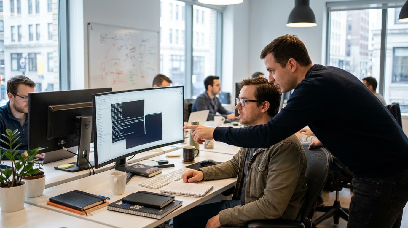 Two security engineers in an office environment collaborating over a piece of code displayed on a computer monitor.