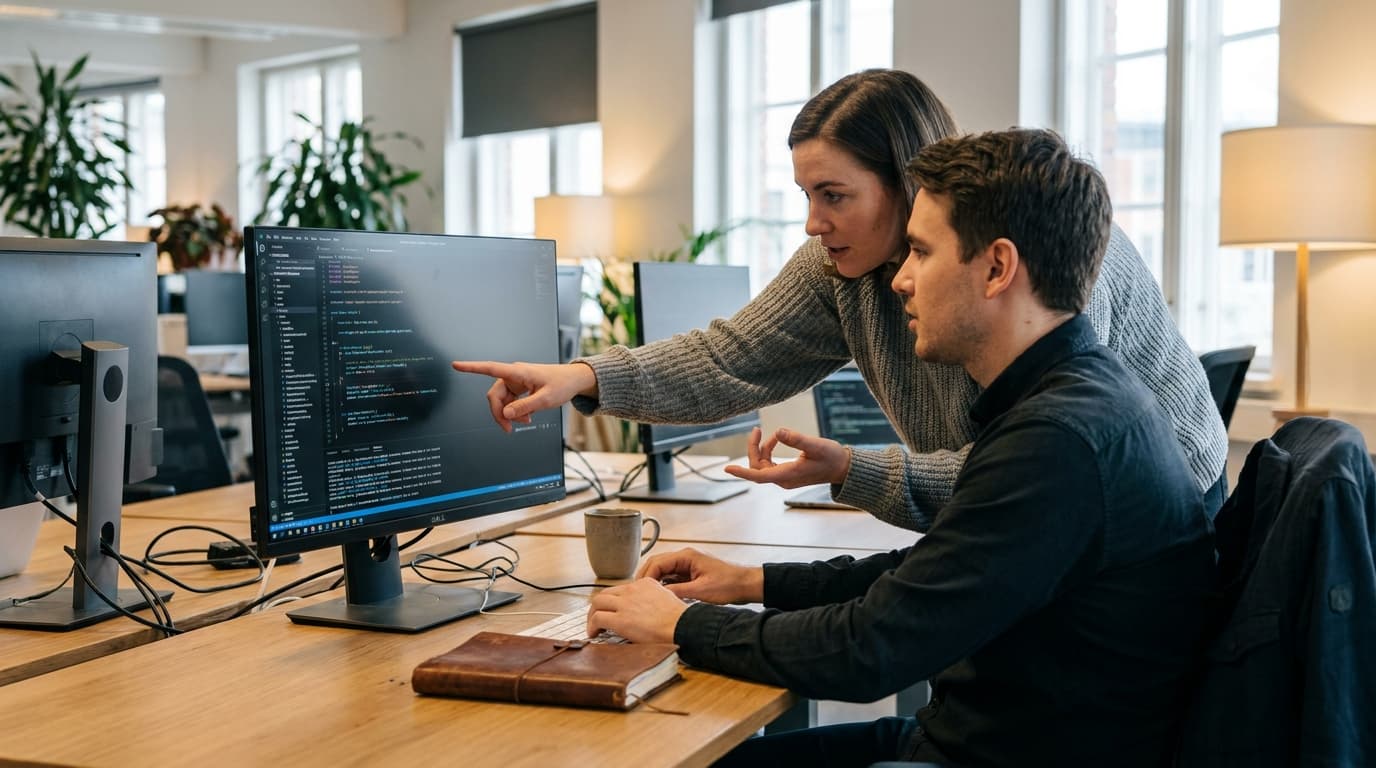 Two security engineers in an office environment collaborating over a piece of code displayed on a computer monitor.