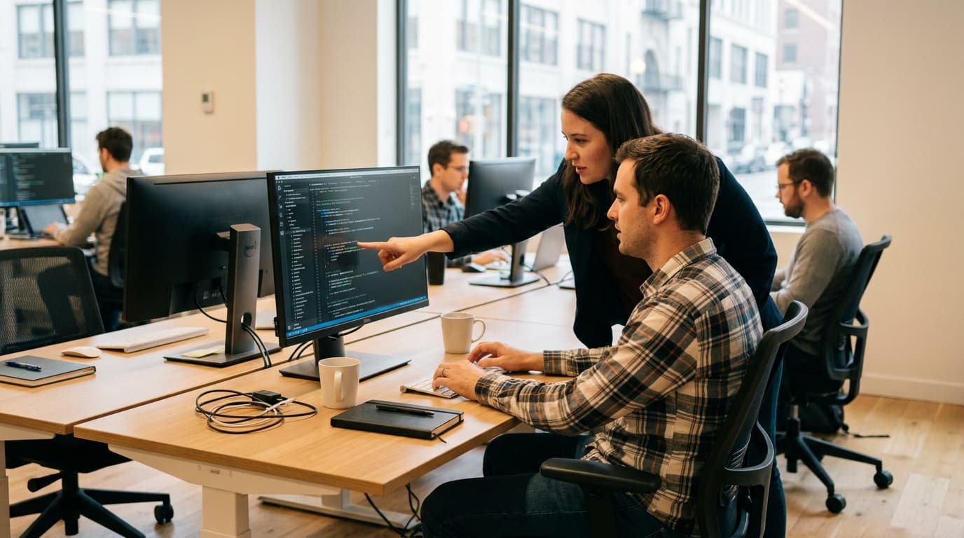 Two security engineers in an office environment collaborating over a piece of code displayed on a computer monitor.