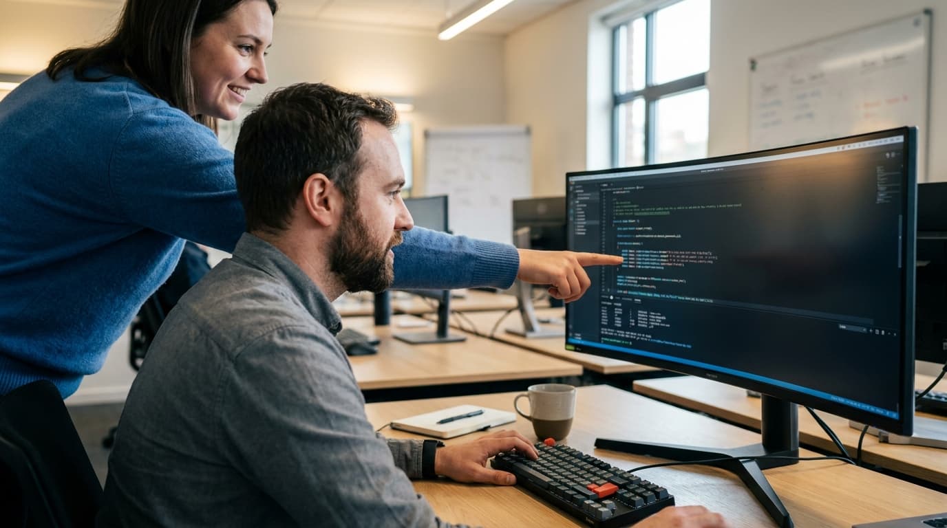 Two security engineers in an office environment collaborating over a piece of code displayed on a computer monitor.