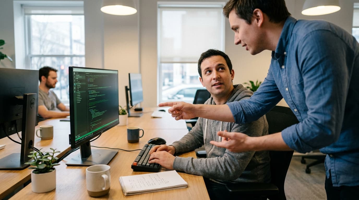 Two security engineers in an office environment collaborating over a piece of code displayed on a computer monitor.