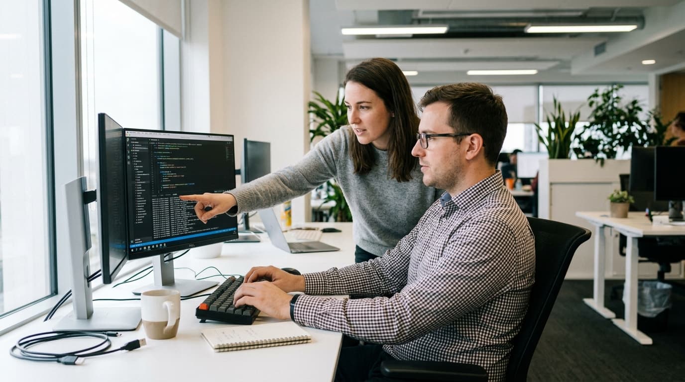 Two security engineers in an office environment collaborating over a piece of code displayed on a computer monitor.