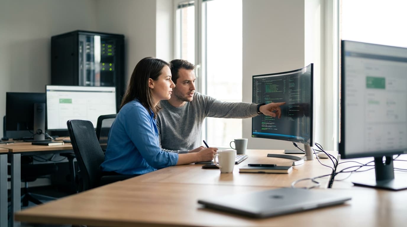 Two security engineers in an office environment collaborating over a piece of code displayed on a computer monitor.