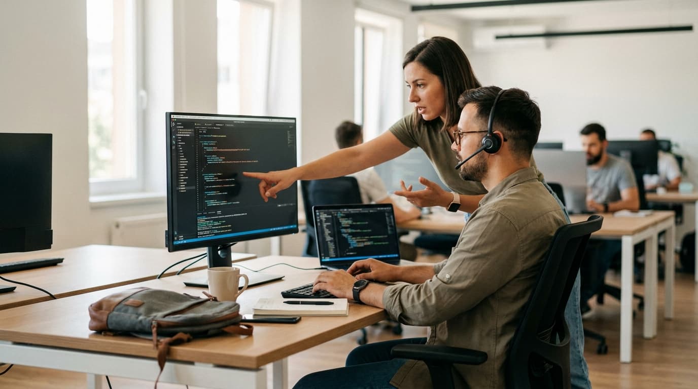 Two security engineers in an office environment collaborating over a piece of code displayed on a computer monitor.
