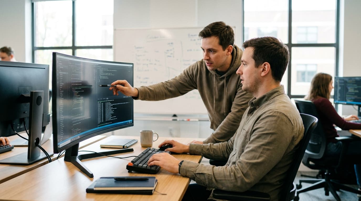 Two security engineers in an office environment collaborating over a piece of code displayed on a computer monitor.
