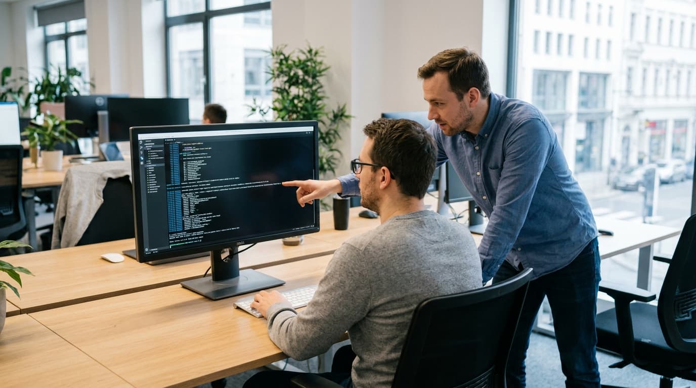 Two security engineers in an office environment collaborating over a piece of code displayed on a computer monitor.