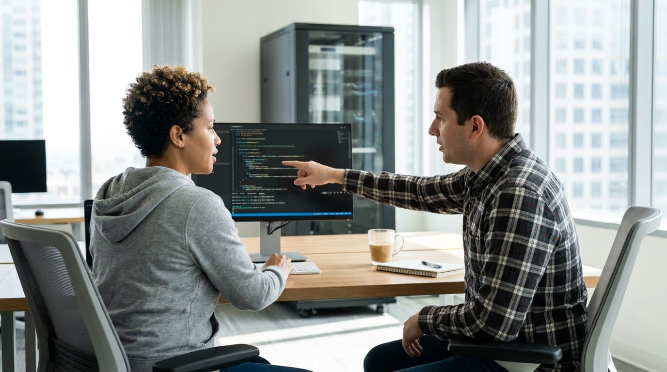 Two security engineers in an office environment collaborating over a piece of code displayed on a computer monitor.