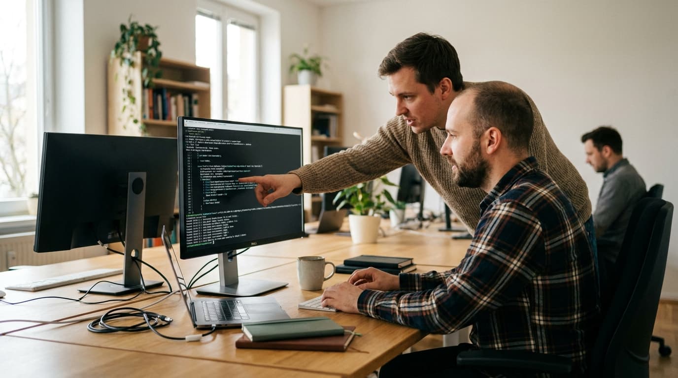 Two security engineers in an office environment collaborating over a piece of code displayed on a computer monitor.