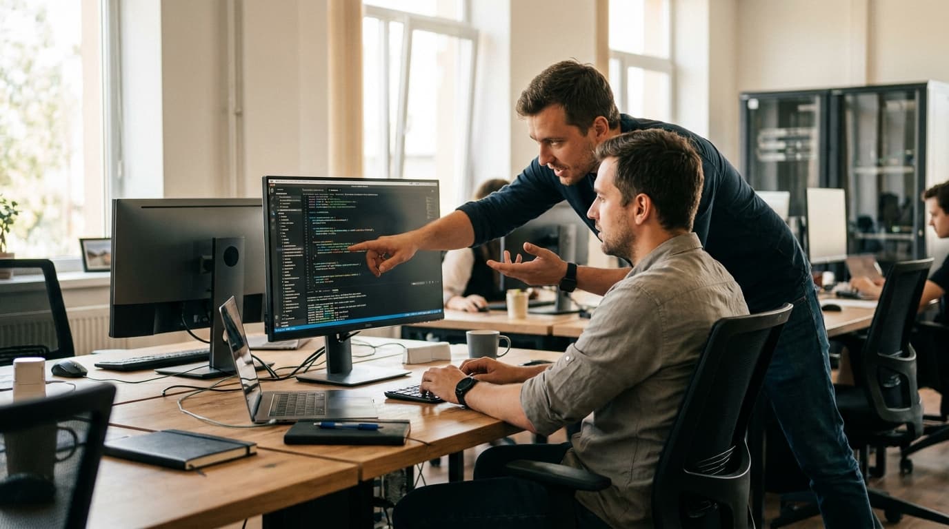 Two security engineers in an office environment collaborating over a piece of code displayed on a computer monitor.