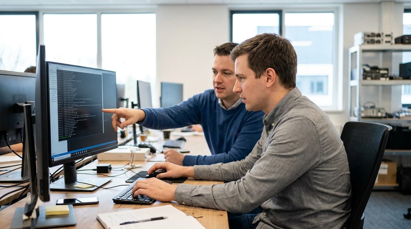 Two security engineers in an office environment collaborating over a piece of code displayed on a computer monitor.