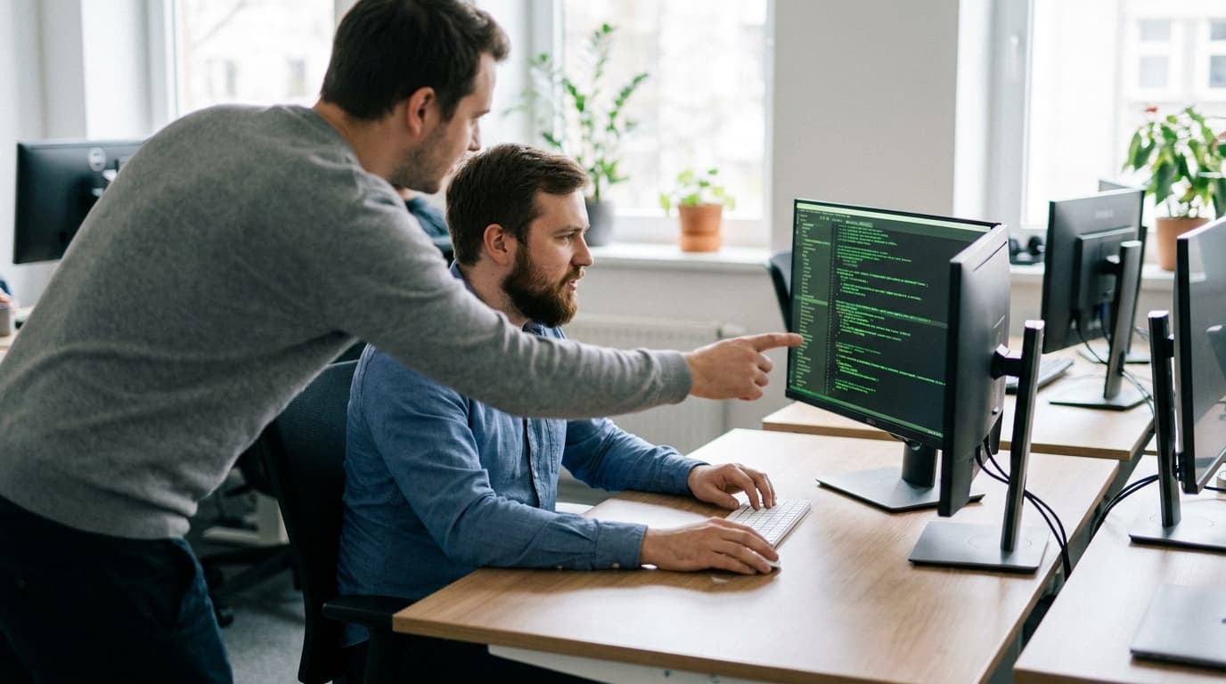 Two security engineers in an office environment collaborating over a piece of code displayed on a computer monitor.