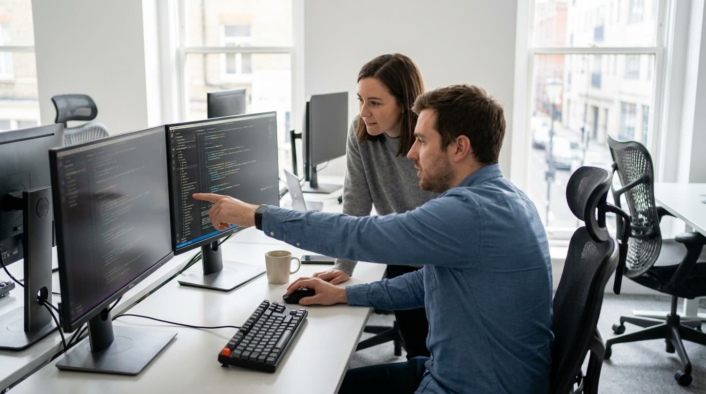 Two security engineers in an office environment collaborating over a piece of code displayed on a computer monitor.