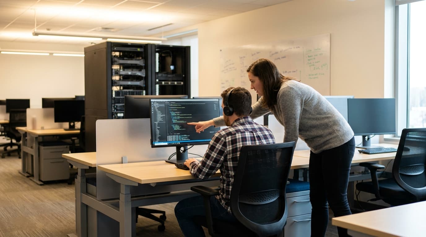Two security engineers in an office environment collaborating over a piece of code displayed on a computer monitor.