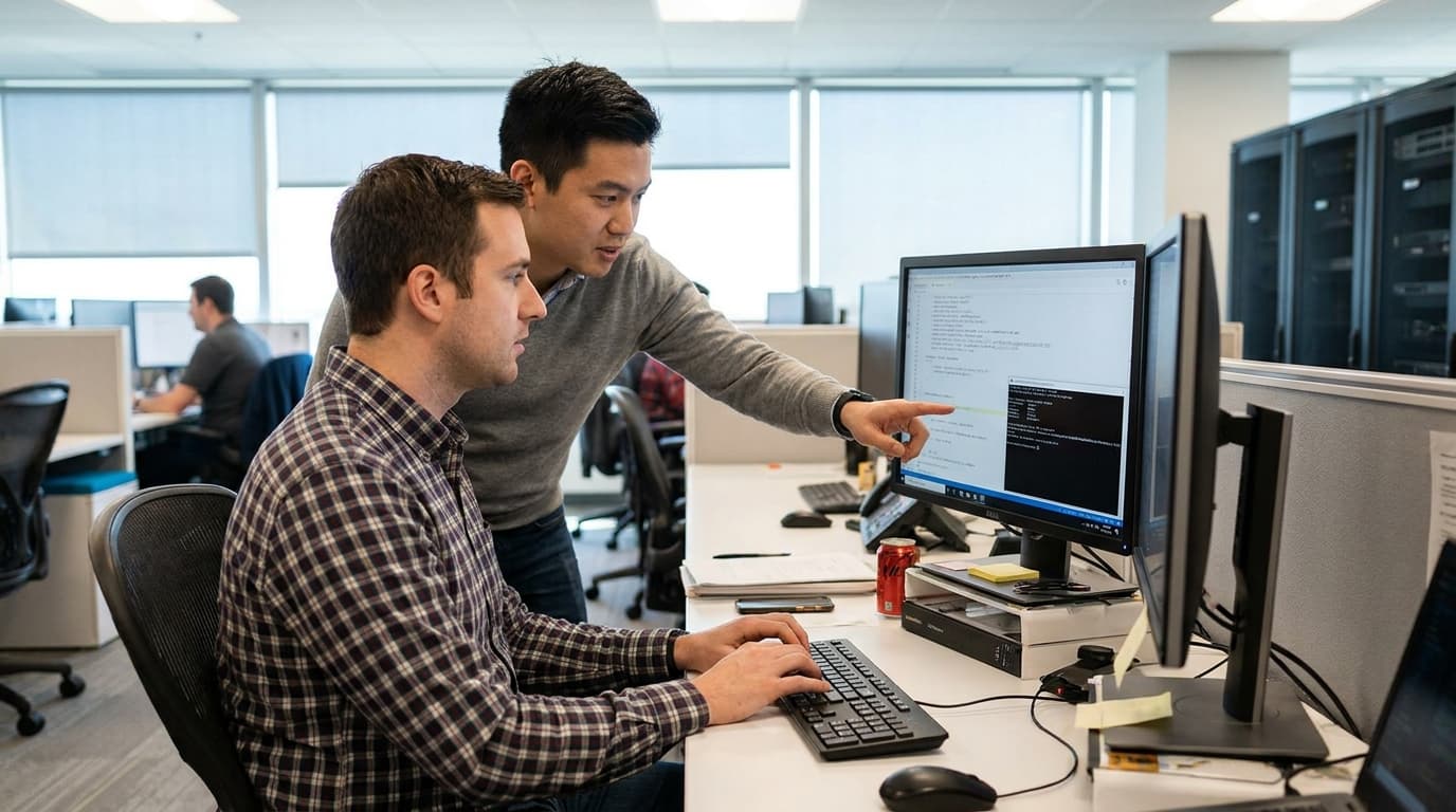 Two security engineers in an office environment collaborating over a piece of code displayed on a computer monitor.