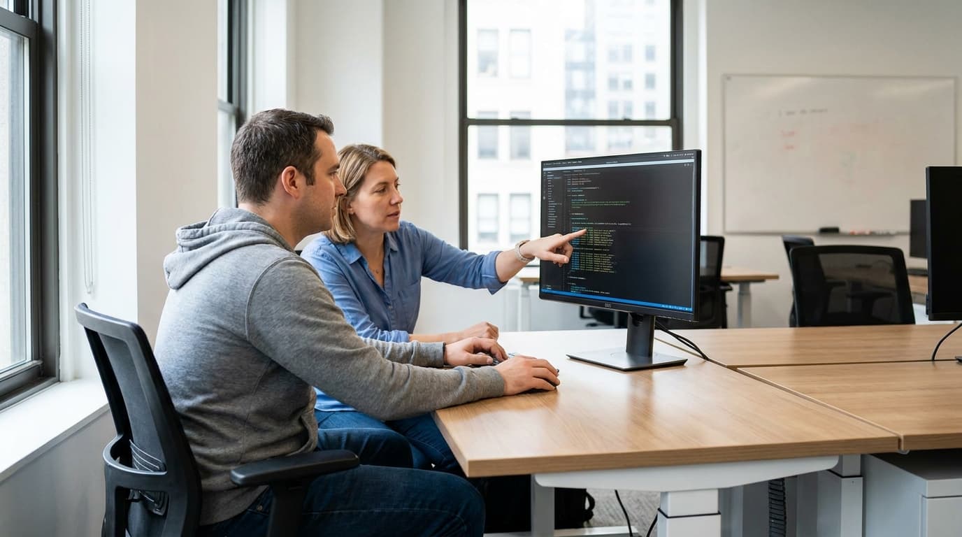 Two security engineers in an office environment collaborating over a piece of code displayed on a computer monitor.