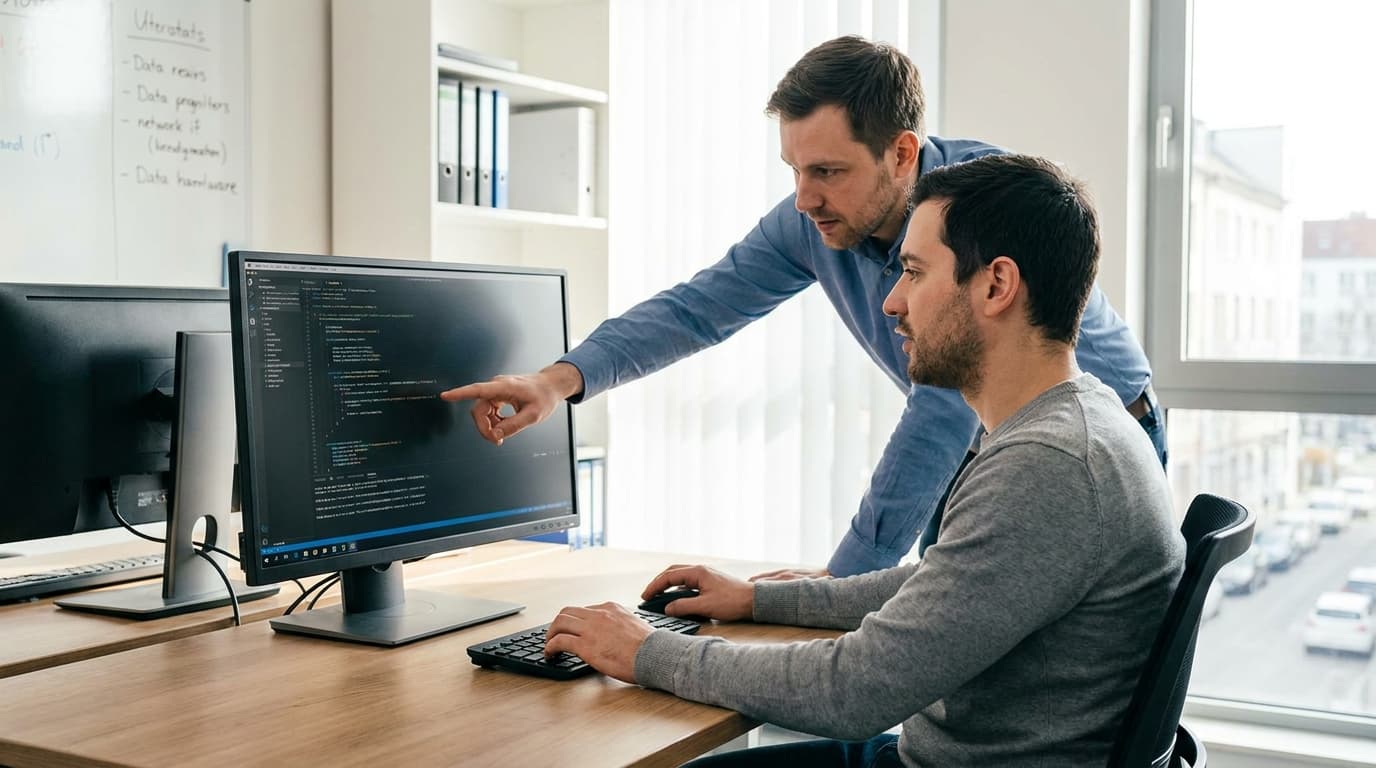 Two security engineers in an office environment collaborating over a piece of code displayed on a computer monitor.