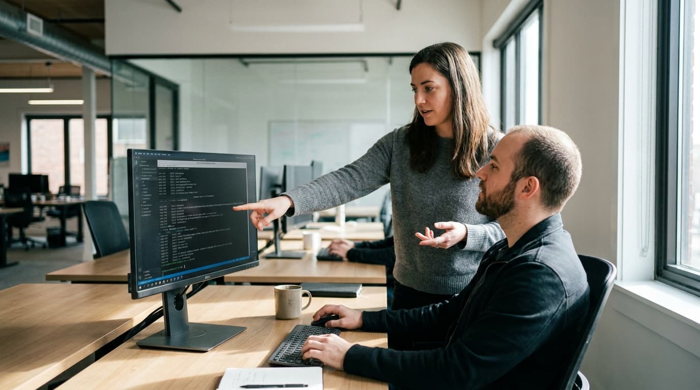 Two security engineers in an office environment collaborating over a piece of code displayed on a computer monitor.