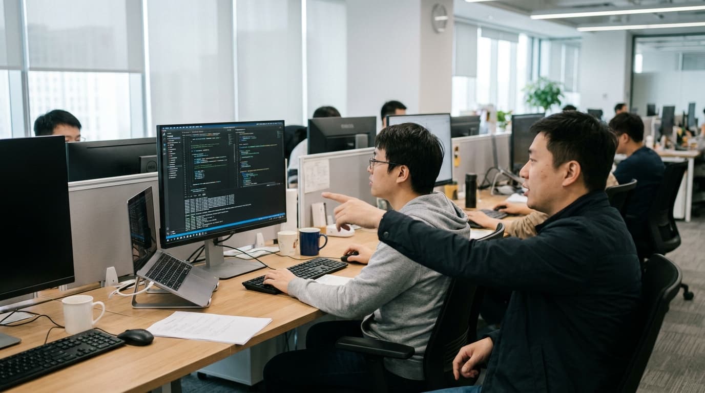 Two security engineers in an office environment collaborating over a piece of code displayed on a computer monitor.