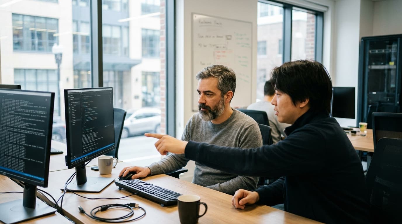 Two security engineers in an office environment collaborating over a piece of code displayed on a computer monitor.