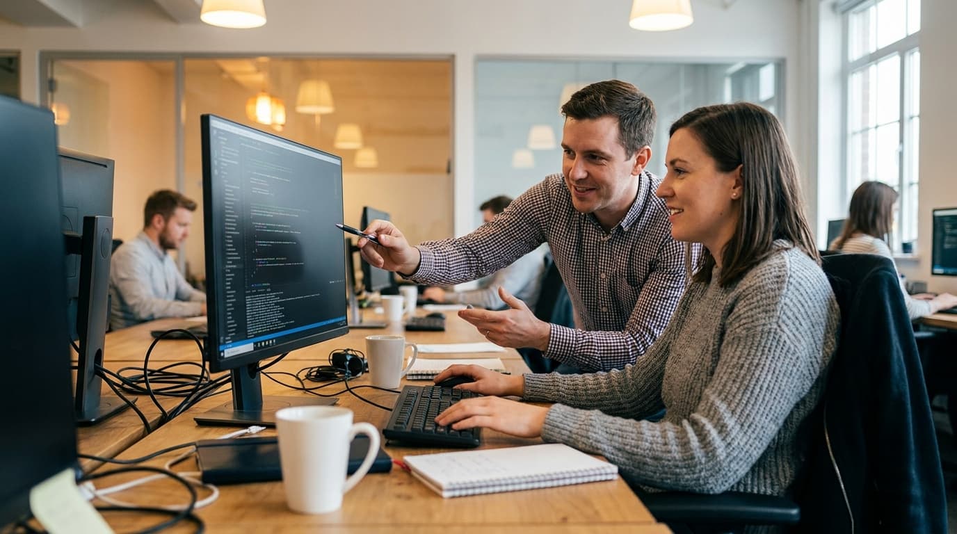 Two security engineers in an office environment collaborating over a piece of code displayed on a computer monitor.