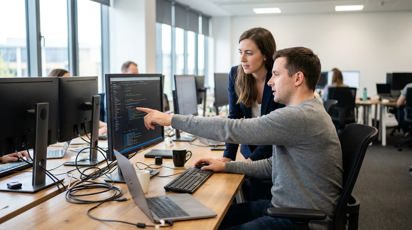 Two security engineers in an office environment collaborating over a piece of code displayed on a computer monitor.