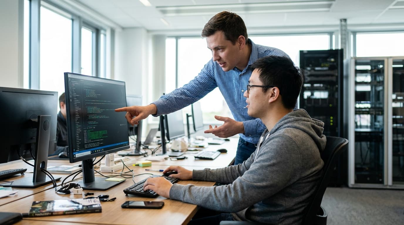 Two security engineers in an office environment collaborating over a piece of code displayed on a computer monitor.