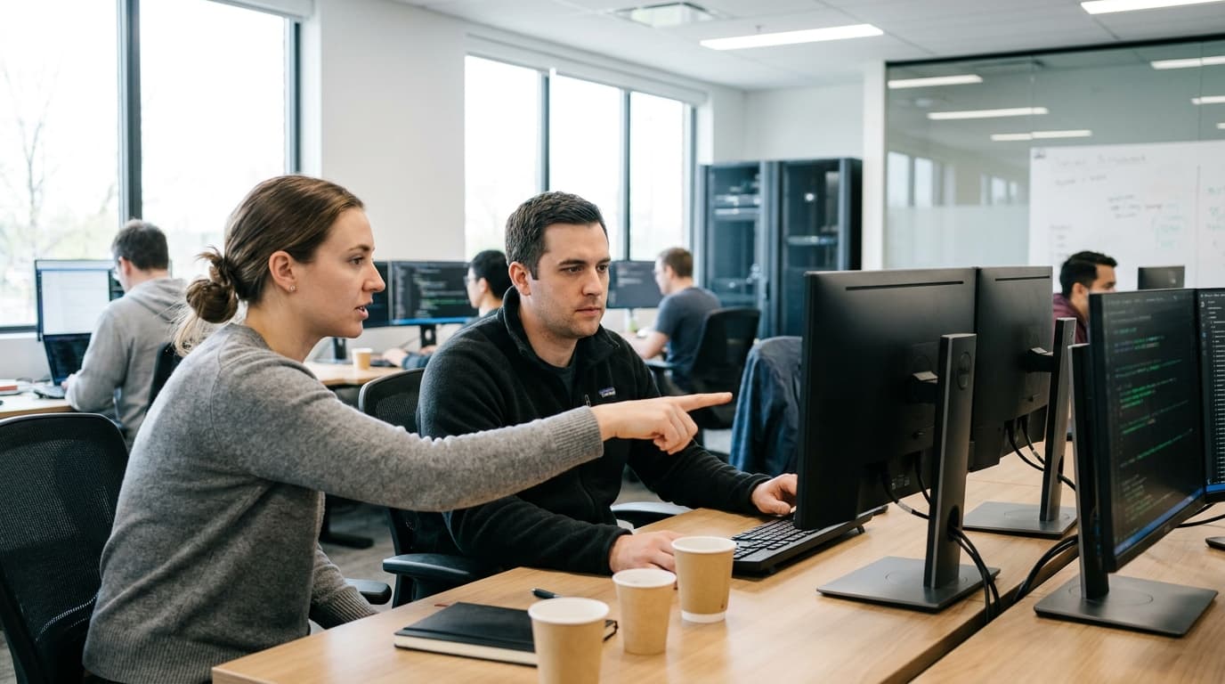 Two security engineers in an office environment collaborating over a piece of code displayed on a computer monitor.