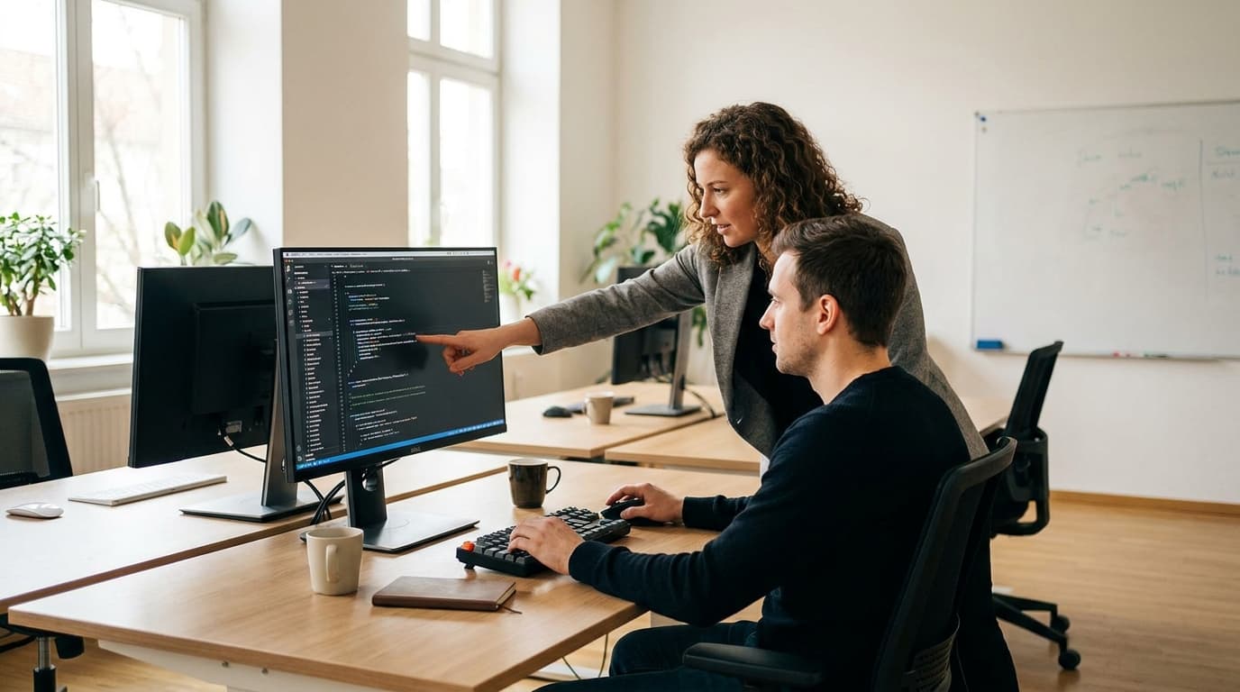 Two security engineers in an office environment collaborating over a piece of code displayed on a computer monitor.