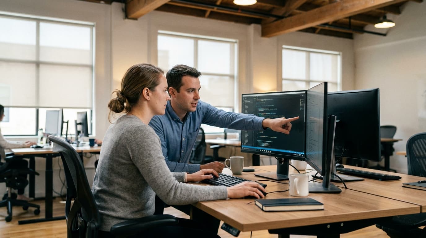 Two security engineers in an office environment collaborating over a piece of code displayed on a computer monitor.