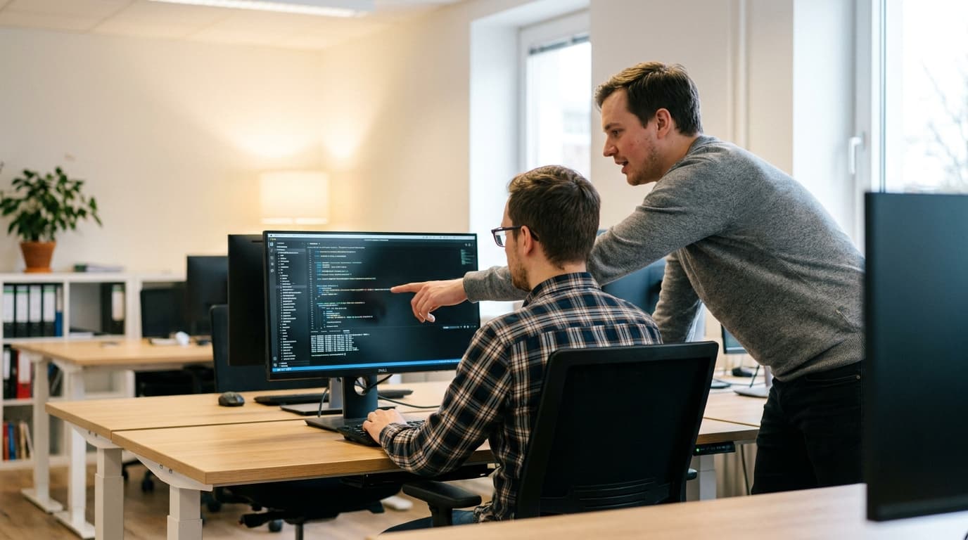 Two security engineers in an office environment collaborating over a piece of code displayed on a computer monitor.